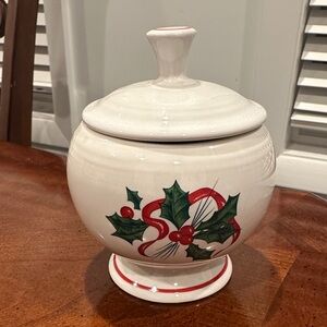 Fiesta White Ceramic Sugar Jar with Holly Design